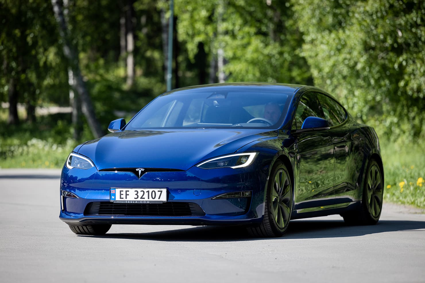 Blå Tesla Model S foran grønne busker